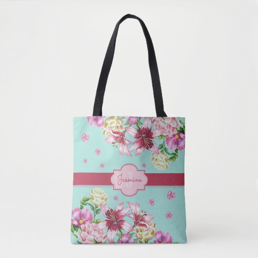 Lily & Pioen Bloemen Aqua Tote Bag (Voorkant)
