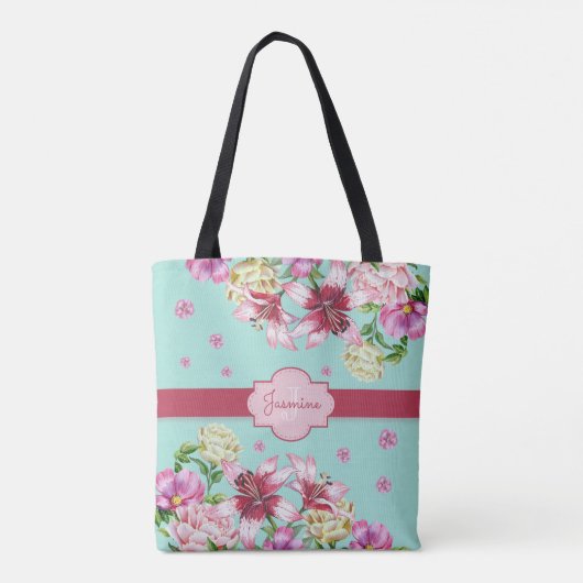 Lily & Pioen Bloemen Aqua Tote Bag (Achterkant)