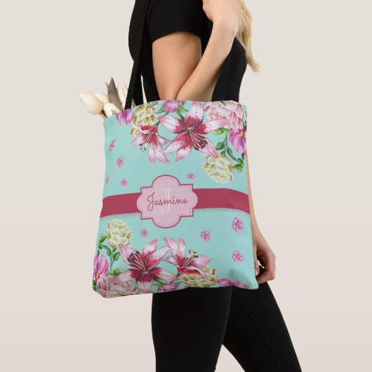 Lily & Pioen Bloemen Aqua Tote Bag (Dichtbij)