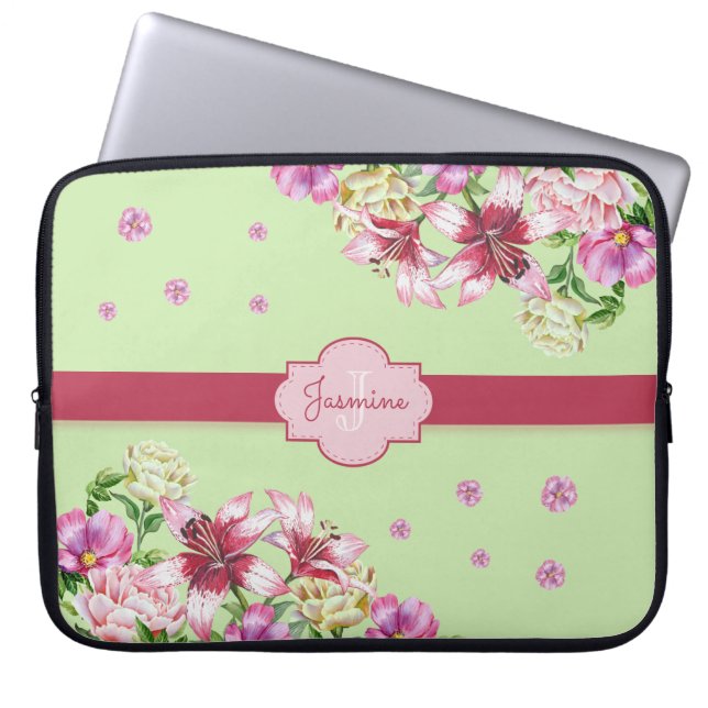 Lily & Pioen Bloemen Mint Groen Laptop Sleeve (Voorkant)