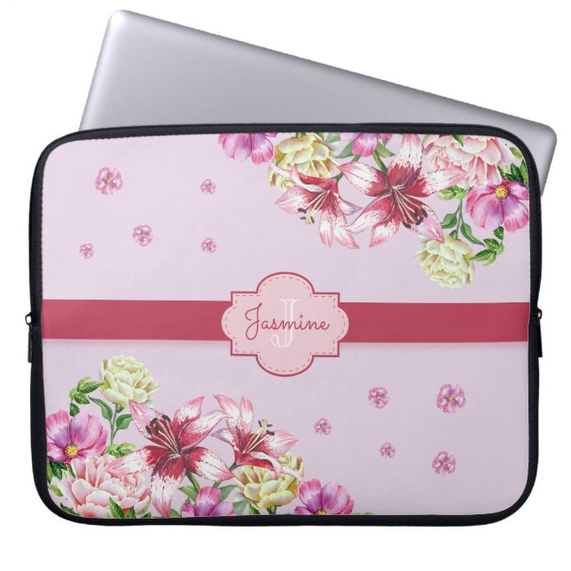 Lily & Pioen Bloemen Paarse Laptop Sleeve (Voorkant)