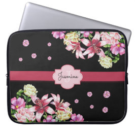 Lily & Pioen Bloemen Zwart Laptop Sleeve