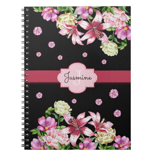 Lily & Pioen Bloemen Zwart Notitieboek (Voorkant)
