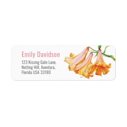 Lily trompet oranje kunst bruiloft retour adres etiket (Voorkant)