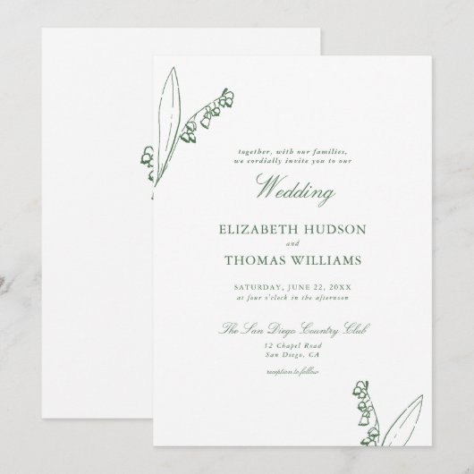 Lily Valley Bloemen Schets Moderne Klassieke Bruil Kaart (Voorkant / Achterkant)