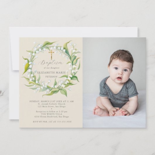 Lily Valley Gold Cross Formele Chique foto doop Kaart (Voorkant)