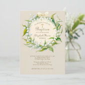 Lily Valley Gouden Kruis Kruiskrans Boog Kind Doop Kaart (Staand voorkant)