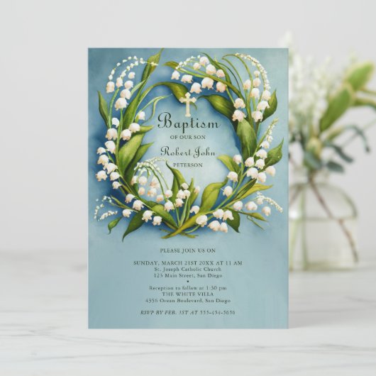 Lily Valley Gouden Kruiskrans Formele Blauwe Doop Kaart (Staand voorkant)