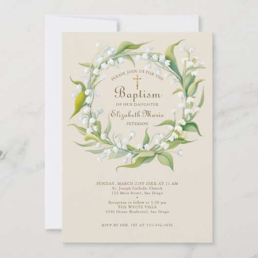 Lily Valley Gouden Kruiskrans Formele Kind Doop Kaart (Voorkant)