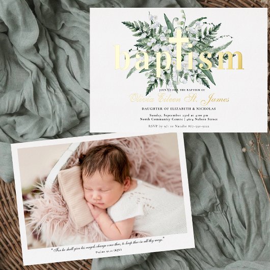 Lily van de vallei | Bloemen Goud Doop Foto Folie Uitnodiging