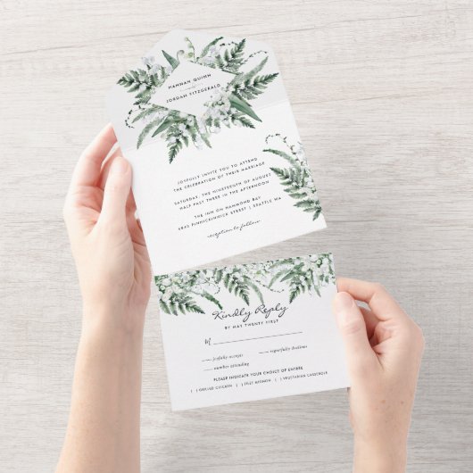 Lily van de vallei | Witte bloemenbruiloft All In One Uitnodiging (Afscheurbaar)