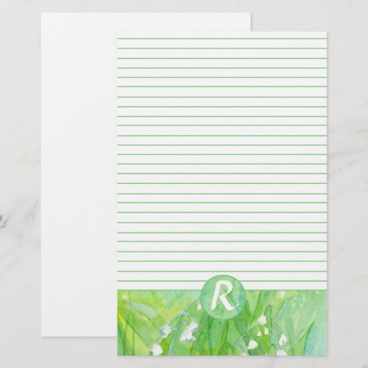 Lily van de Valley Flowers Monogram Lined Briefpapier (Voorkant / Achterkant)