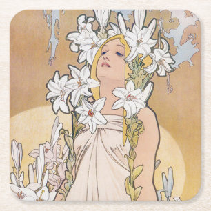 Lily (Vier bloemen), Alphonse Mucha Kartonnen Onderzetters