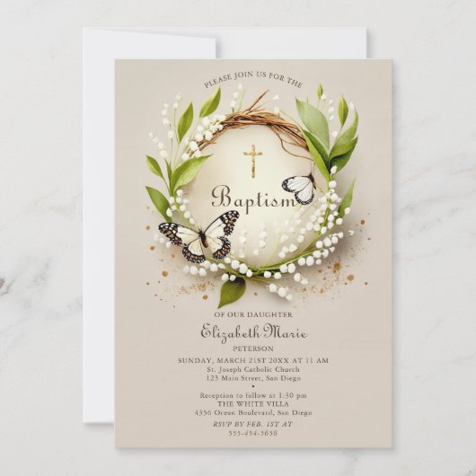 Lily vlinders kruis krans Elegant meisje doop Kaart (Voorkant)