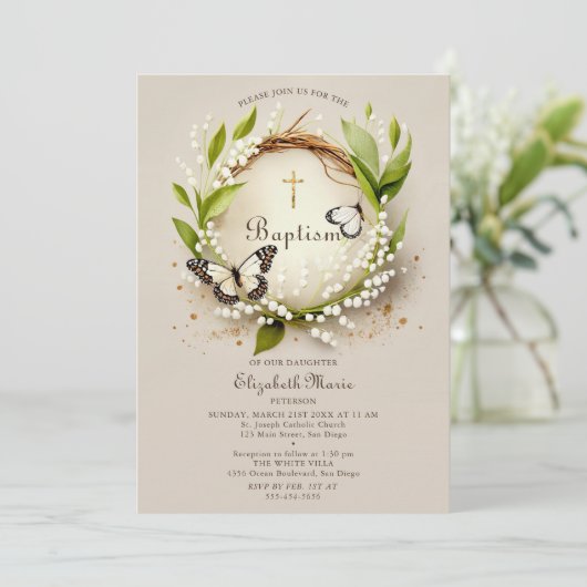 Lily vlinders kruis krans Elegant meisje doop Kaart (Staand voorkant)