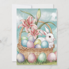 Lily Watercolor & Pastel Eieren met Konijn in Mand Feestdagenkaart