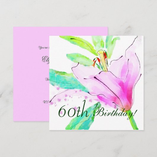 Lily Waterverf 60th Birthday Party Invitation Kaart (Voorkant / Achterkant)