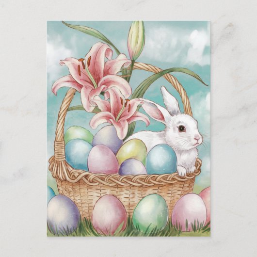 Lily Waterverf & Pasteleieren met konijn in mand Briefkaart (Voorkant)