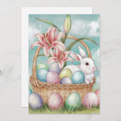 Lily Waterverf & Pasteleieren met konijn in mand Feestdagenkaart (Voorkant / Achterkant)