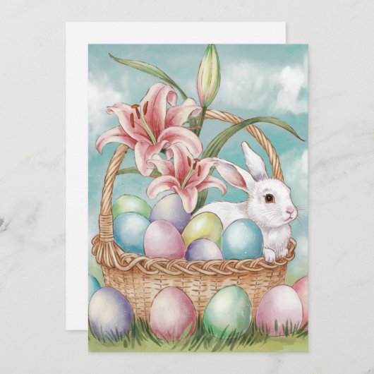 Lily Waterverf & Pasteleieren met konijn in mand Feestdagenkaart (Voorkant / Achterkant)
