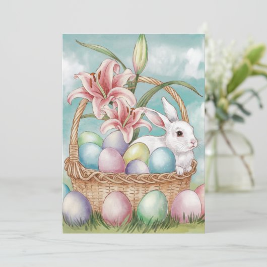 Lily Waterverf & Pasteleieren met konijn in mand Feestdagenkaart (Staand voorkant)