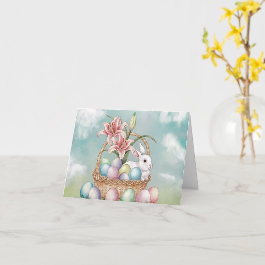 Lily Waterverf & Pasteleieren met konijn in mand Kaart (Gele Bloem)