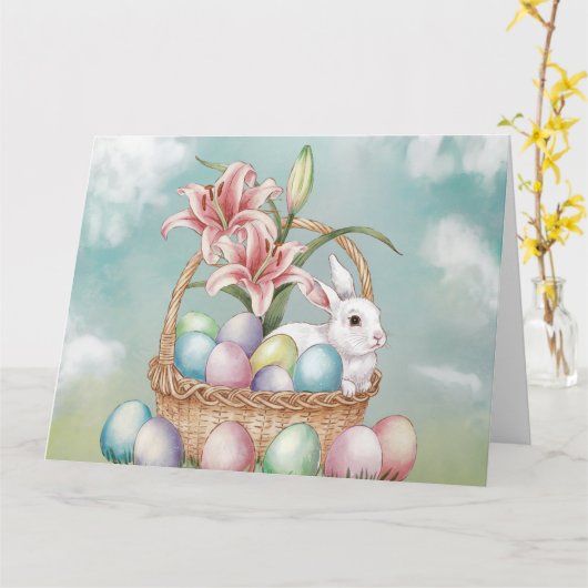 Lily Waterverf & Pasteleieren met konijn in mand Kaart (Gele Bloem)