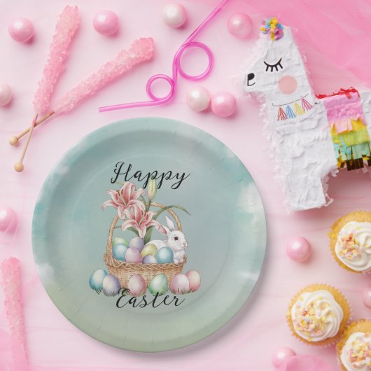 Lily Waterverf & Pasteleieren met konijn in mand Papieren Bordje (Feest)