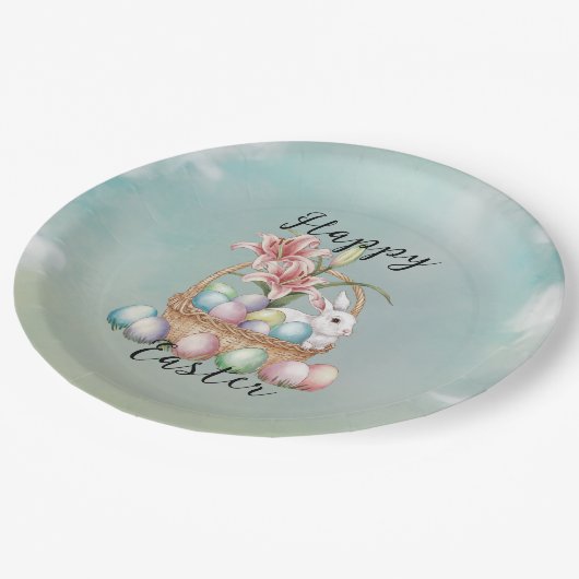 Lily Waterverf & Pasteleieren met konijn in mand Papieren Bordje (Gekanteld)