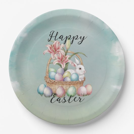 Lily Waterverf & Pasteleieren met konijn in mand Papieren Bordje (Voorkant)