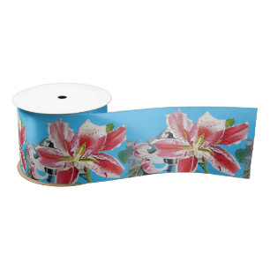 Lily Waterverf Red Oriental floral Satin Ribbon Satijnen Lint