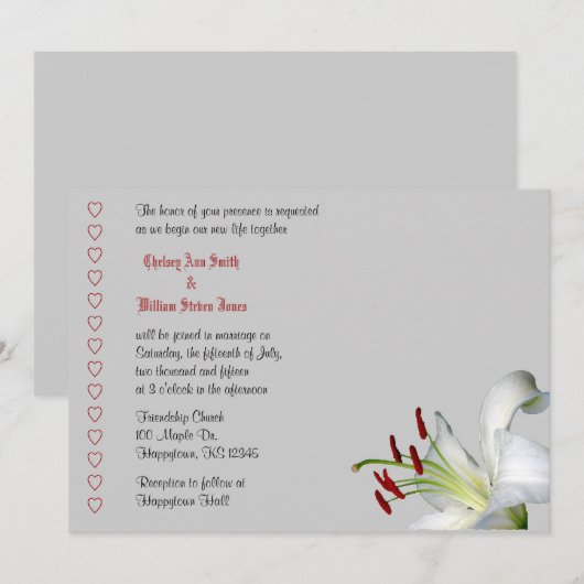 Lily, White en Red Wedding Invitations Kaart (Voorkant / Achterkant)