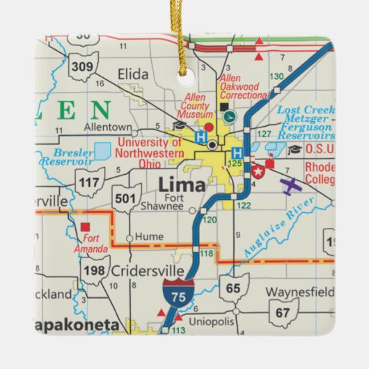 Lima Ohio Map Keramisch Ornament (Voorkant)