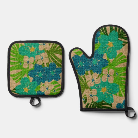 Limahuli Garden Hawaiian Faux Texture Turq Ovenwant & Pannenlap Set (Voorkant)