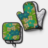 Limahuli Garden Hawaiian Faux Texture Turq Ovenwant & Pannenlap Set (Voorkant / Achterkant)