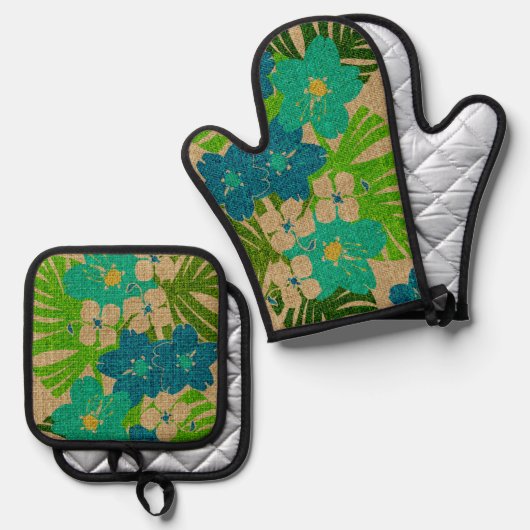 Limahuli Garden Hawaiian Faux Texture Turq Ovenwant & Pannenlap Set (Voorkant / Achterkant)