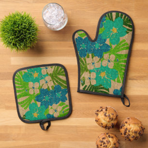 Limahuli Garden Hawaiian Faux Texture Turq Ovenwant & Pannenlap Set