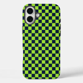 Lime and navy checkerboard pattern iPhone 16 plus hoesje