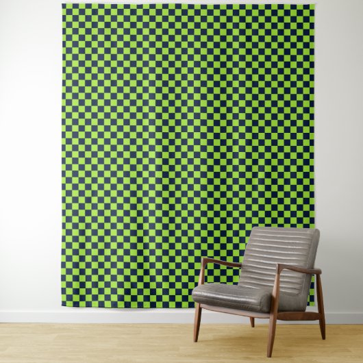 Lime and navy checkerboard pattern wandkleed (In situ)