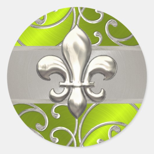 Lime en zilver filigraan krullen Fleur de Lis Ronde Sticker (Voorkant)