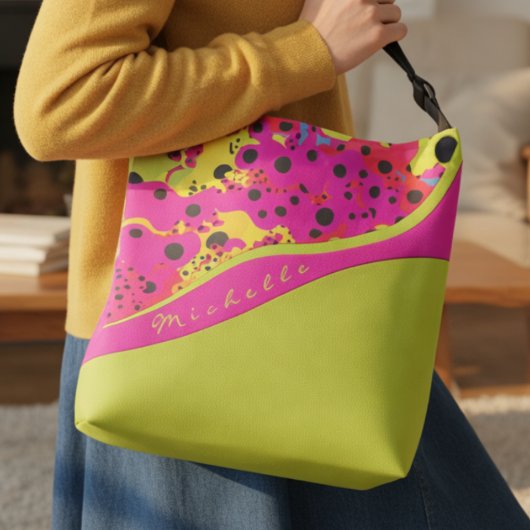 Lime Green And Pink Dotted Abstract Crossbody Tas
