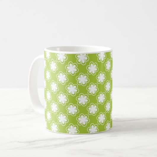 Lime Green and White Flower Pattern Koffiemok (Voorkant links)
