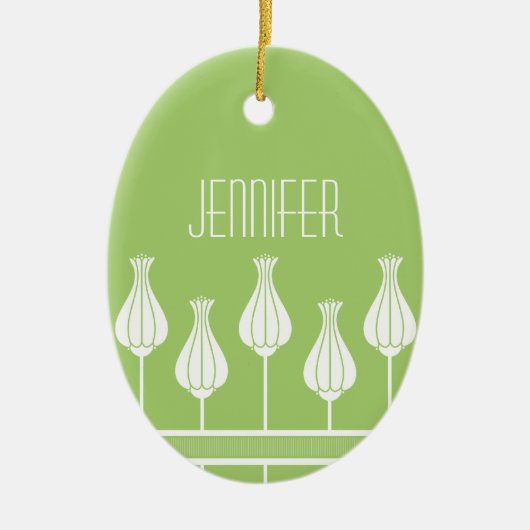 Lime Green Art Deco Floral Oval Ornament (Voorkant)