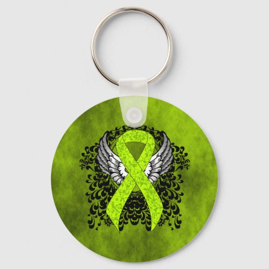 Lime Green Awareness Ribbon with Wings Sleutelhanger (Voorkant)