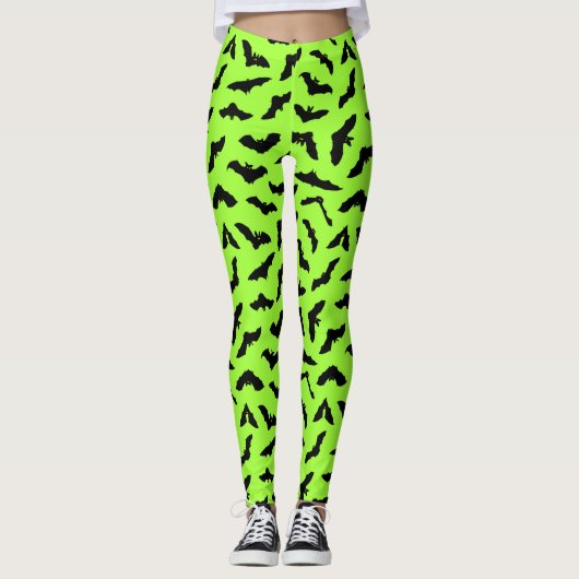 Lime Green Bat Pattern Halloween Leggings (Voorkant)