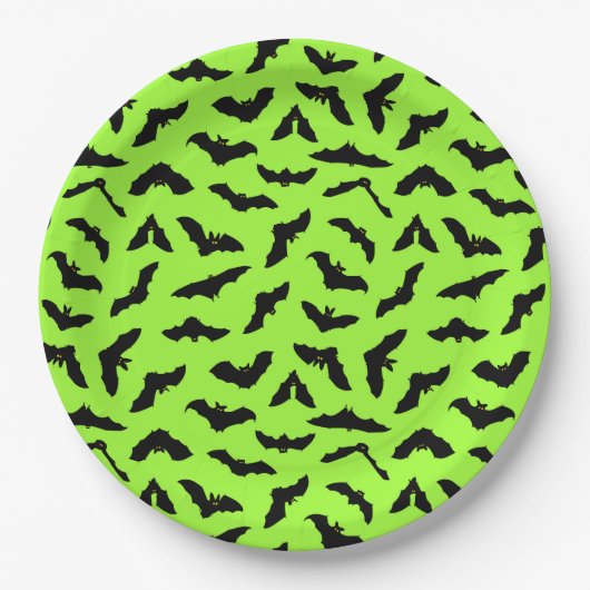 Lime Green Bat Pattern Halloween Papieren Bordje (Voorkant)