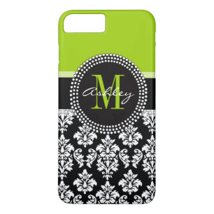 Lime Green Black Damask Pattern Monogrammed Case-Mate iPhone Case