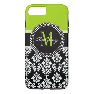 Lime Green Black Damask Pattern Monogrammed iPhone 8/7 Plus Hoesje