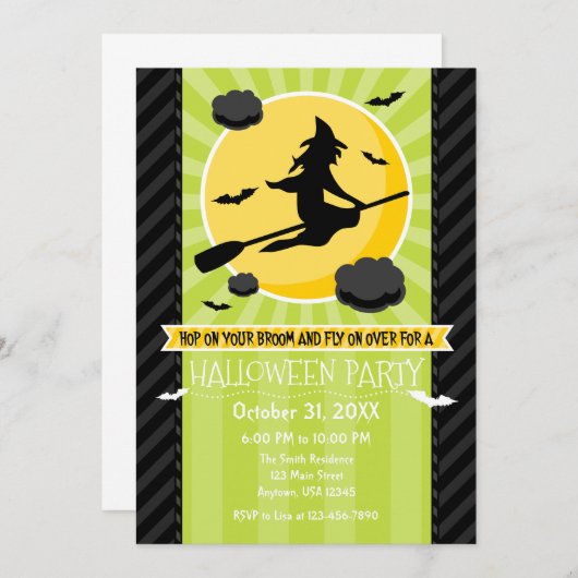 Lime Green Black Grey Witch Halloween Invitation Kaart (Voorkant / Achterkant)