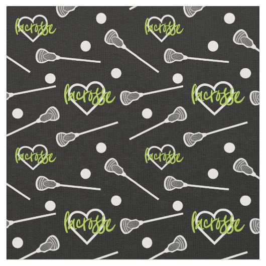 Lime Green Black Lacrosse Sticks & Hearts Pattern Stof (Close Up)